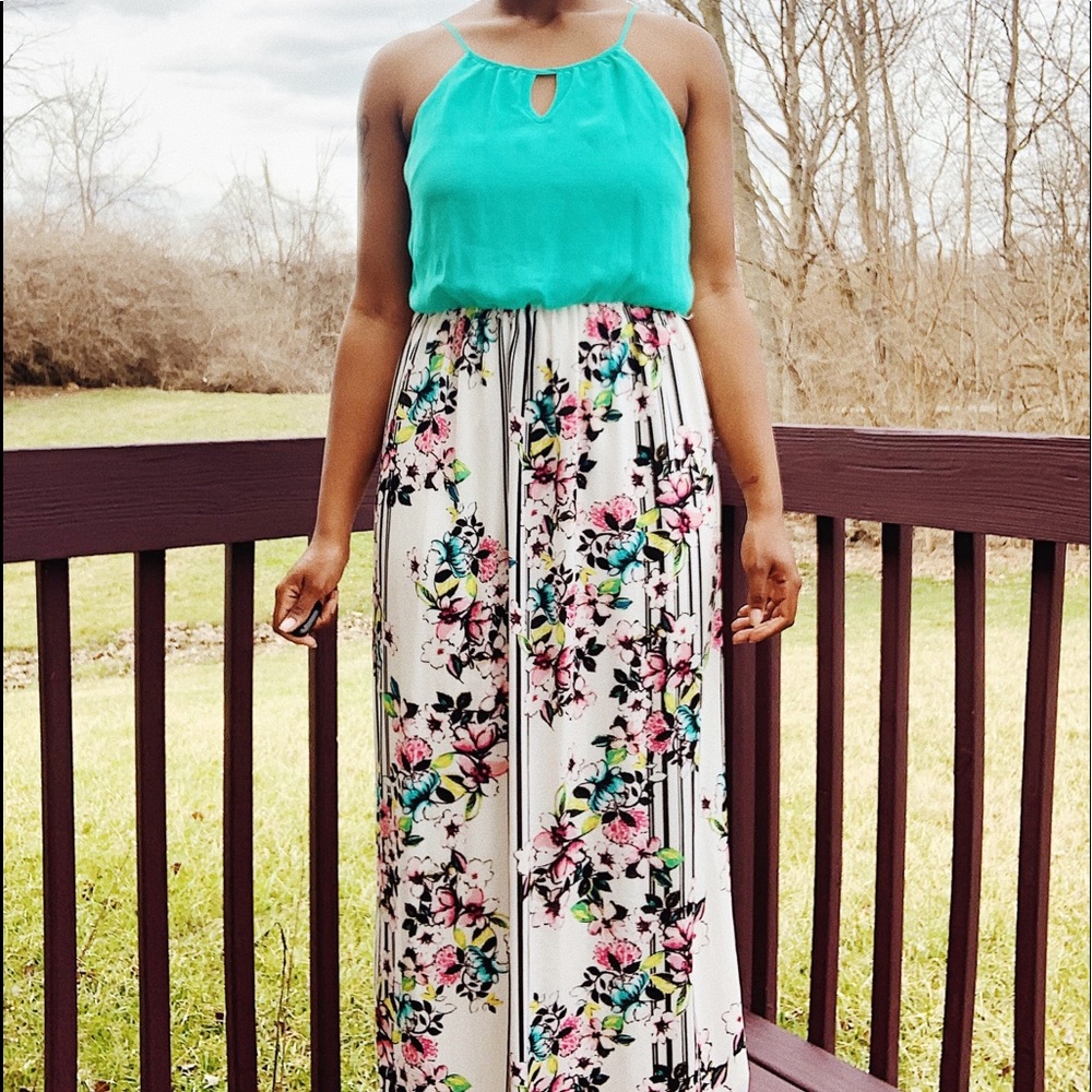 Sleeveless Teal and Floral Maxi Dress - Elegant Summer Style - Picture 4 of 5